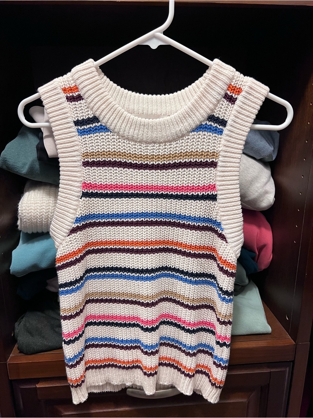 LOFT Cream Striped Knit Sweater Vest with Blue, Pink, Orange and Brown Accents